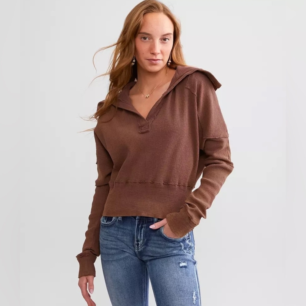 Free People Mulberries Not So Ordinary Pullover Slouchy Waffle Knit Polo